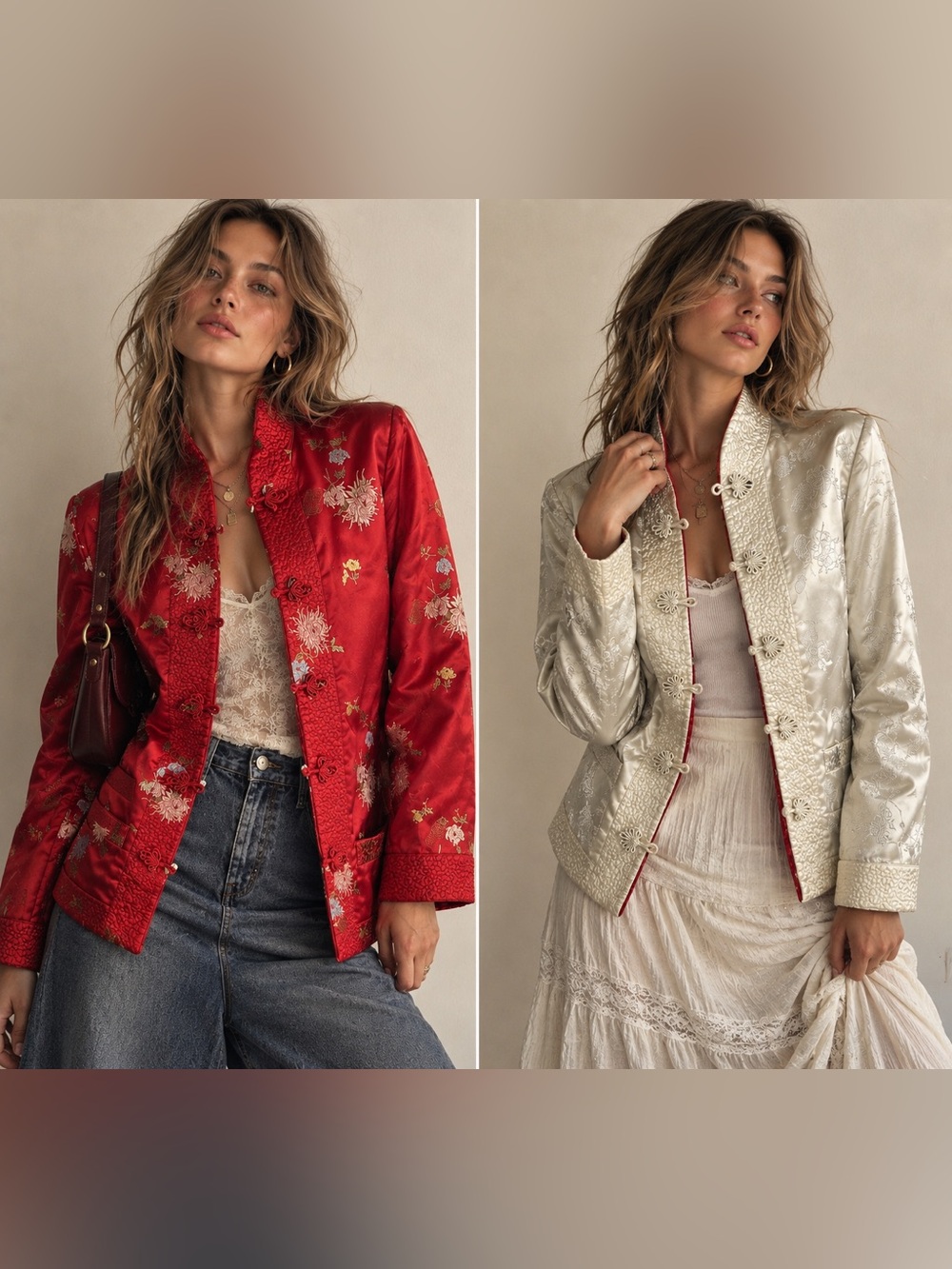 Vintage Reversible Satin Brocade Mandarin Jacket Red Ivory Floral Y2K Asian S